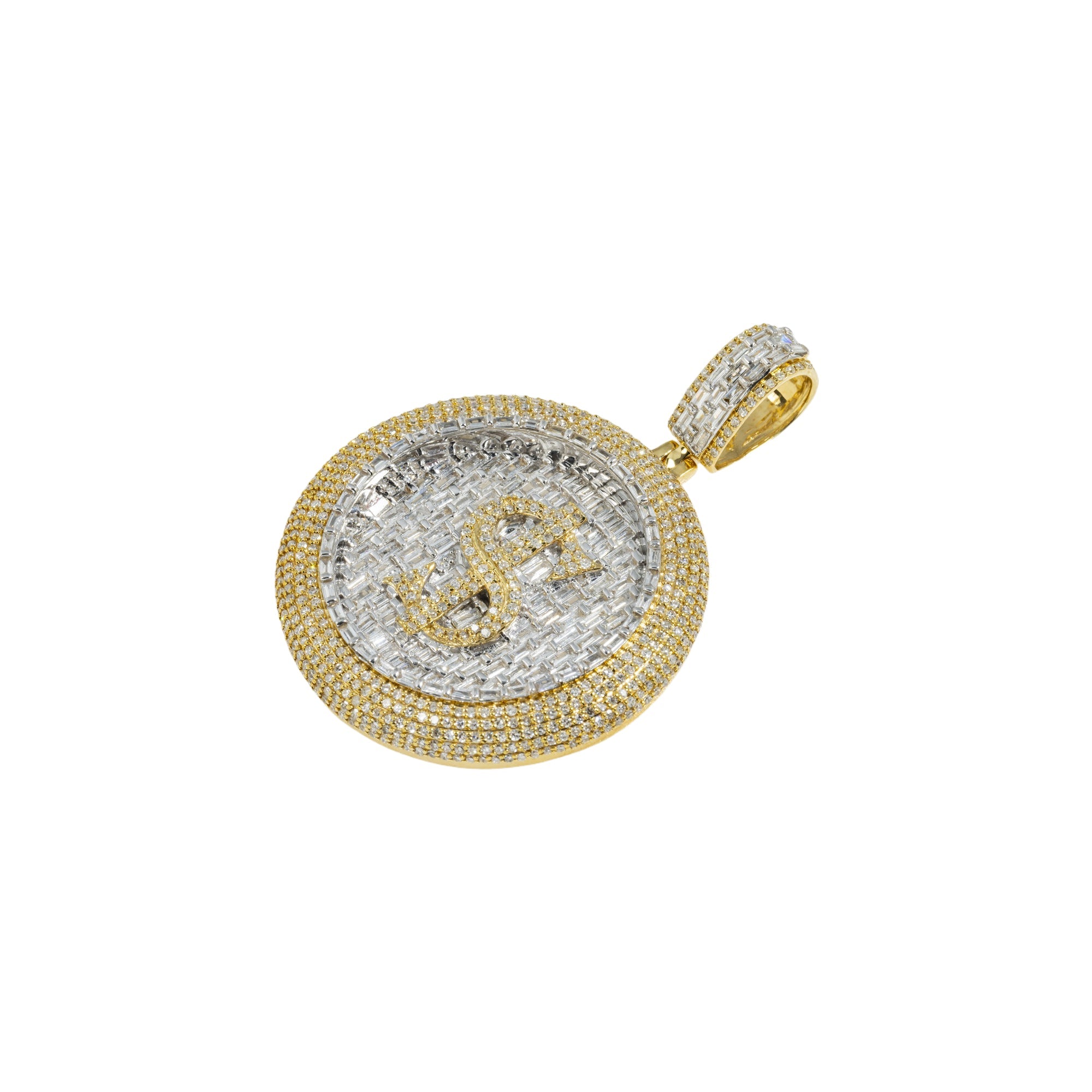 14K GOLD BAGUETTE AND ROUND DIAMOND 3D DOLLAR SIGN COIN PENDANT 3.25 CTW