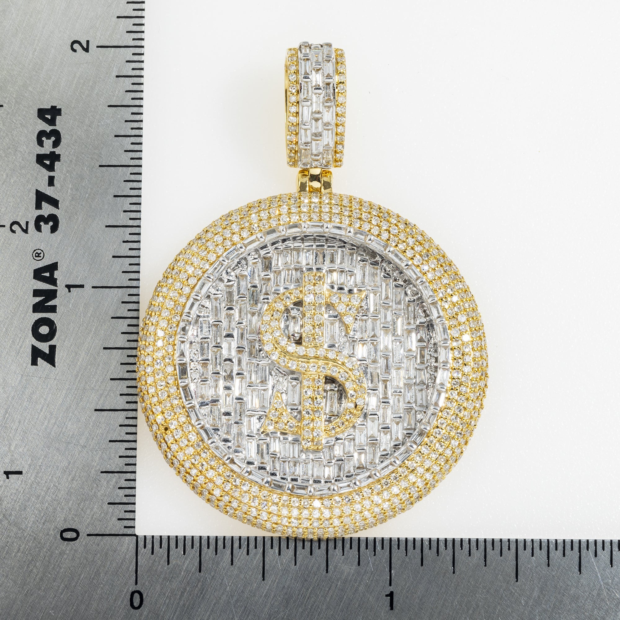 14K GOLD BAGUETTE AND ROUND DIAMOND 3D DOLLAR SIGN COIN PENDANT 3.25 CTW