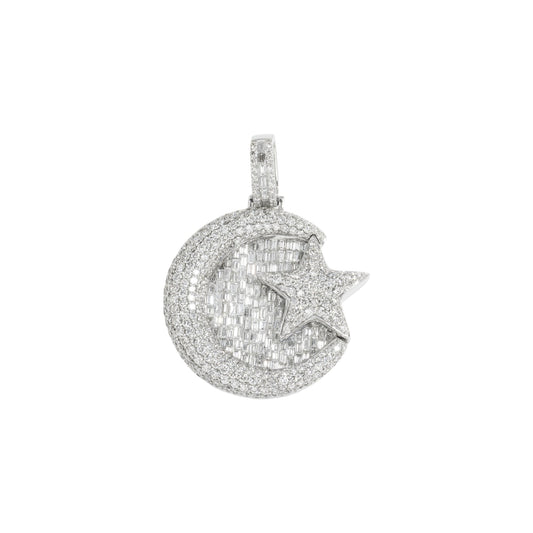 14K GOLD BAGUETTE DIAMOND CRESCENT MOON AND STAR PENDANT 7.50 CTW