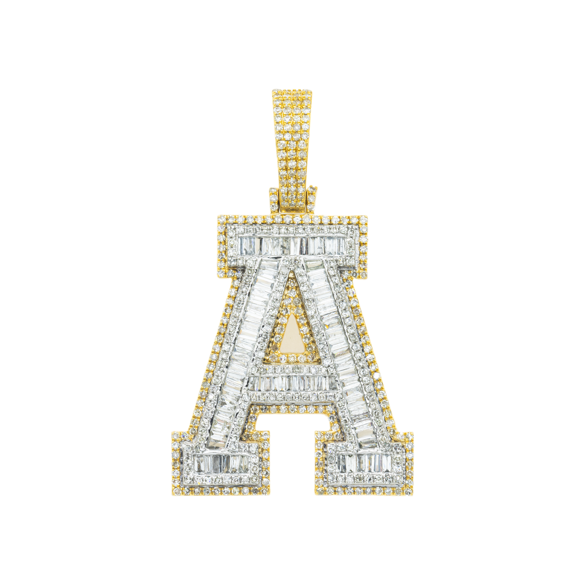 10K GOLD BAGUETTE AND ROUND DIAMOND INITIAL A PENDANT 2.30 CT