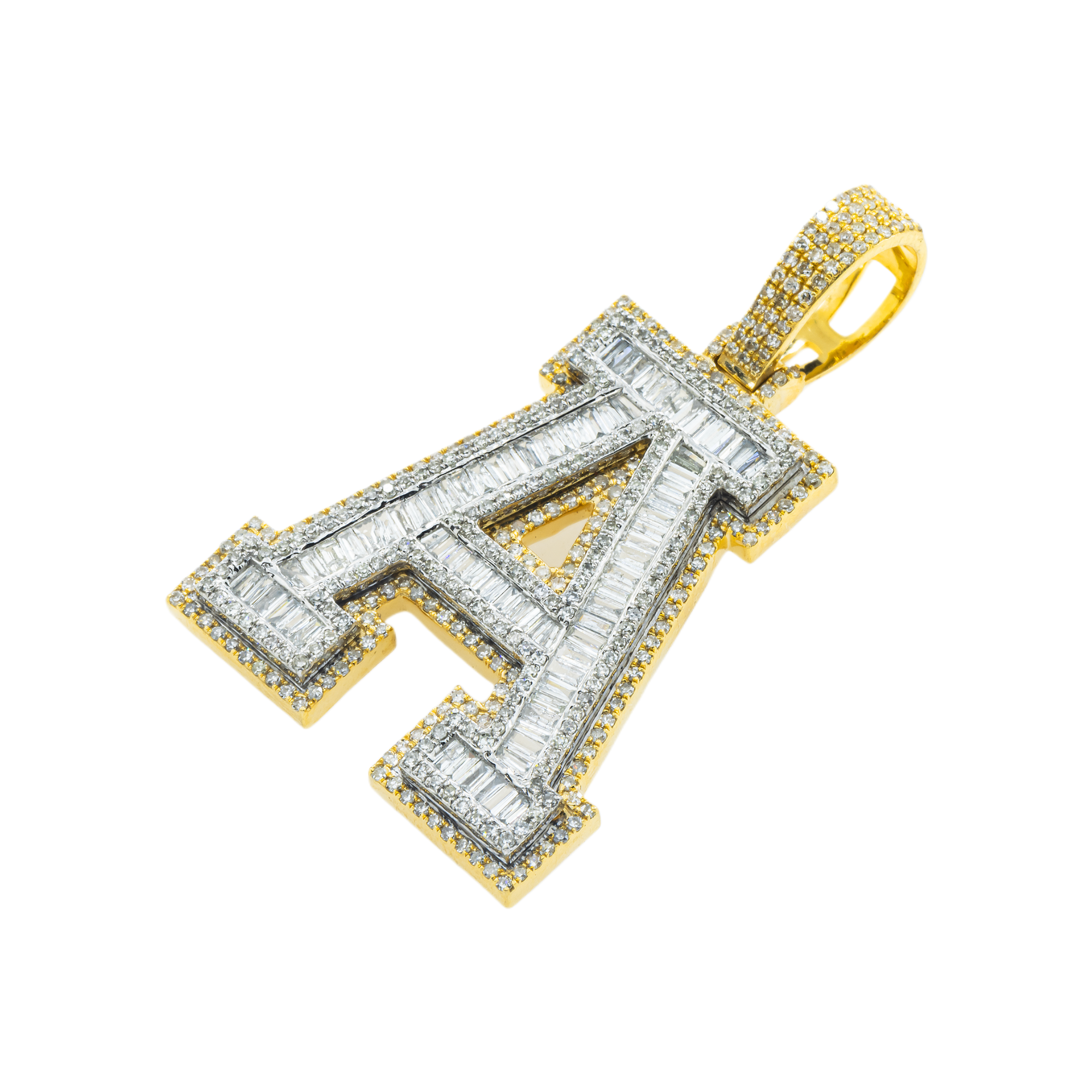10K GOLD BAGUETTE AND ROUND DIAMOND INITIAL A PENDANT 2.30 CT