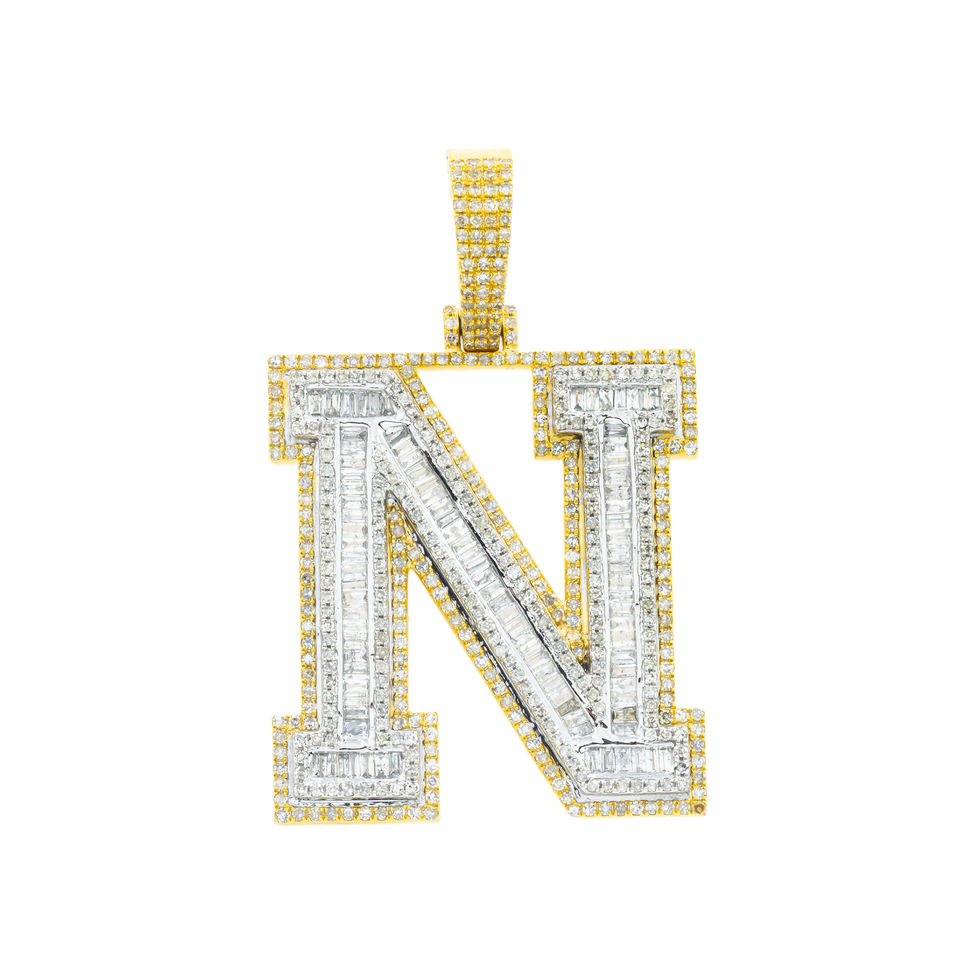 10K GOLD BAGUETTE AND ROUND DIAMOND INITIAL N PENDANT 3.21 CT