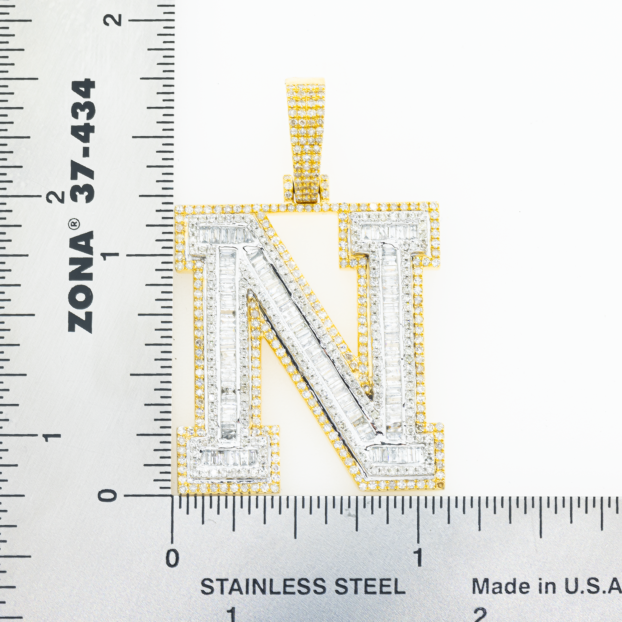 10K GOLD BAGUETTE AND ROUND DIAMOND INITIAL N PENDANT 3.21 CT