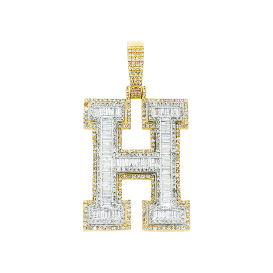 10K GOLD BAGUETTE AND ROUND DIAMOND INITIAL H PENDANT 2.96 CT