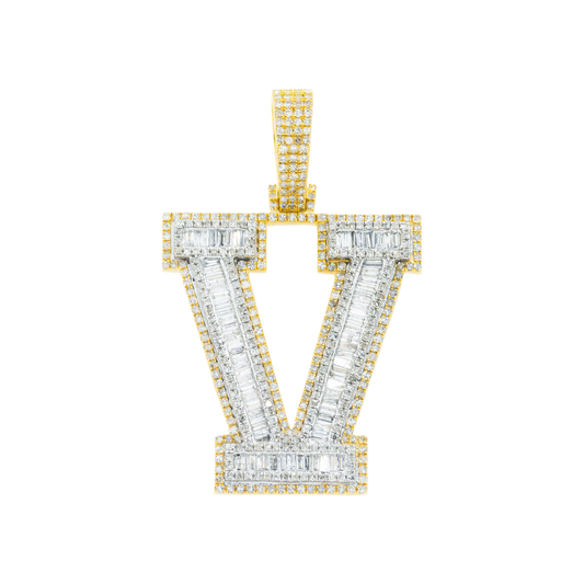 10K GOLD BAGUETTE AND ROUND DIAMOND INITIAL V PENDANT 2.31 CT