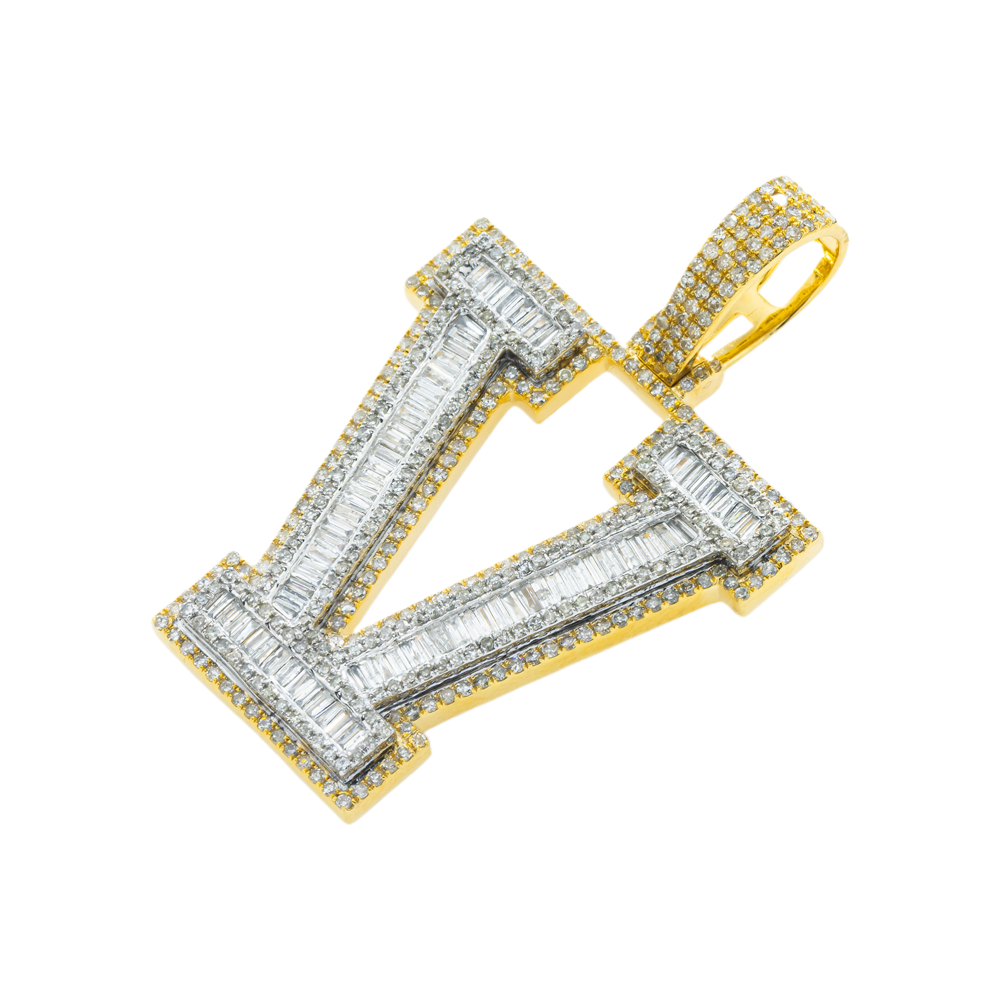10K GOLD BAGUETTE AND ROUND DIAMOND INITIAL V PENDANT 2.31 CT