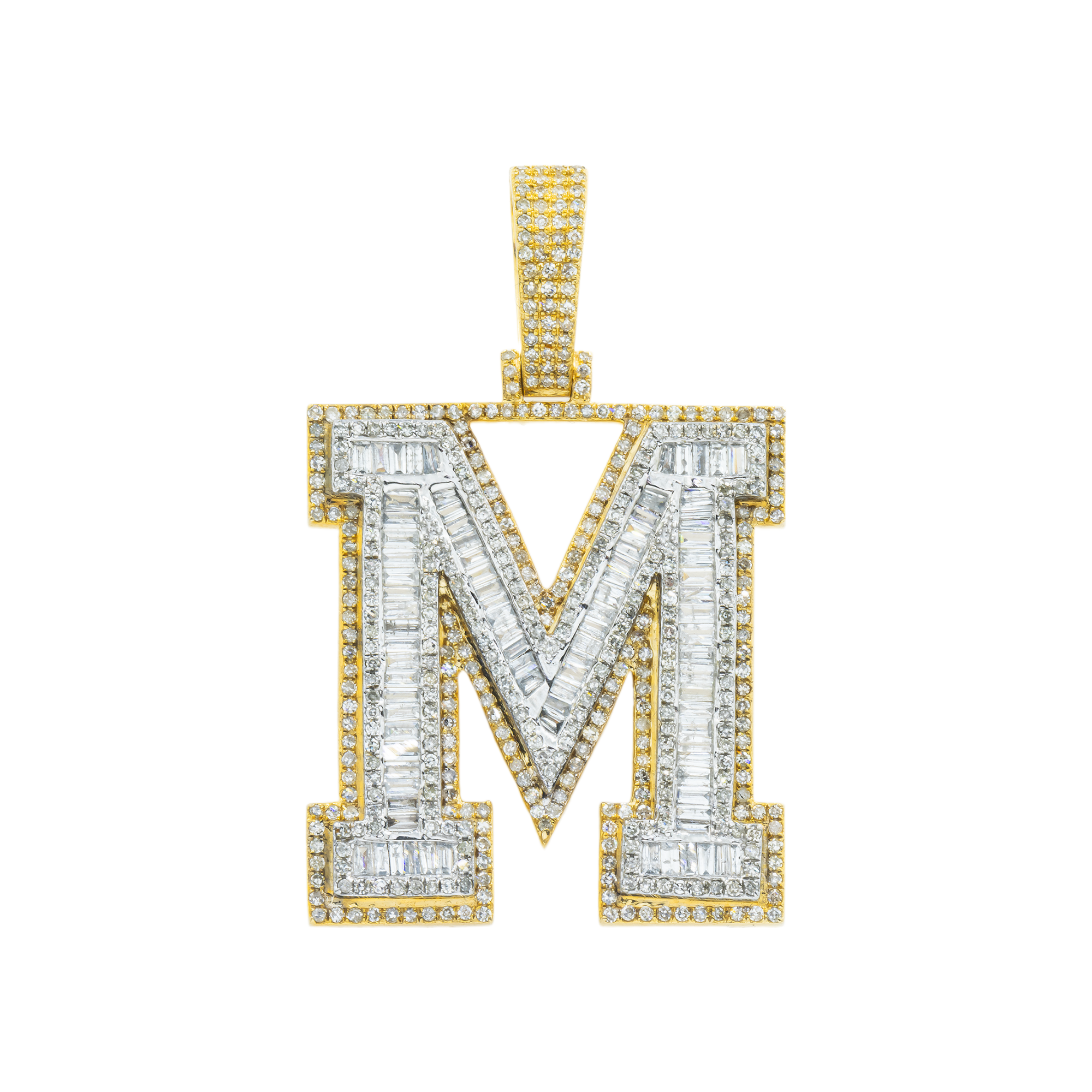 10K GOLD BAGUETTE AND ROUND DIAMOND INITIAL M PENDANT 2.75 CT