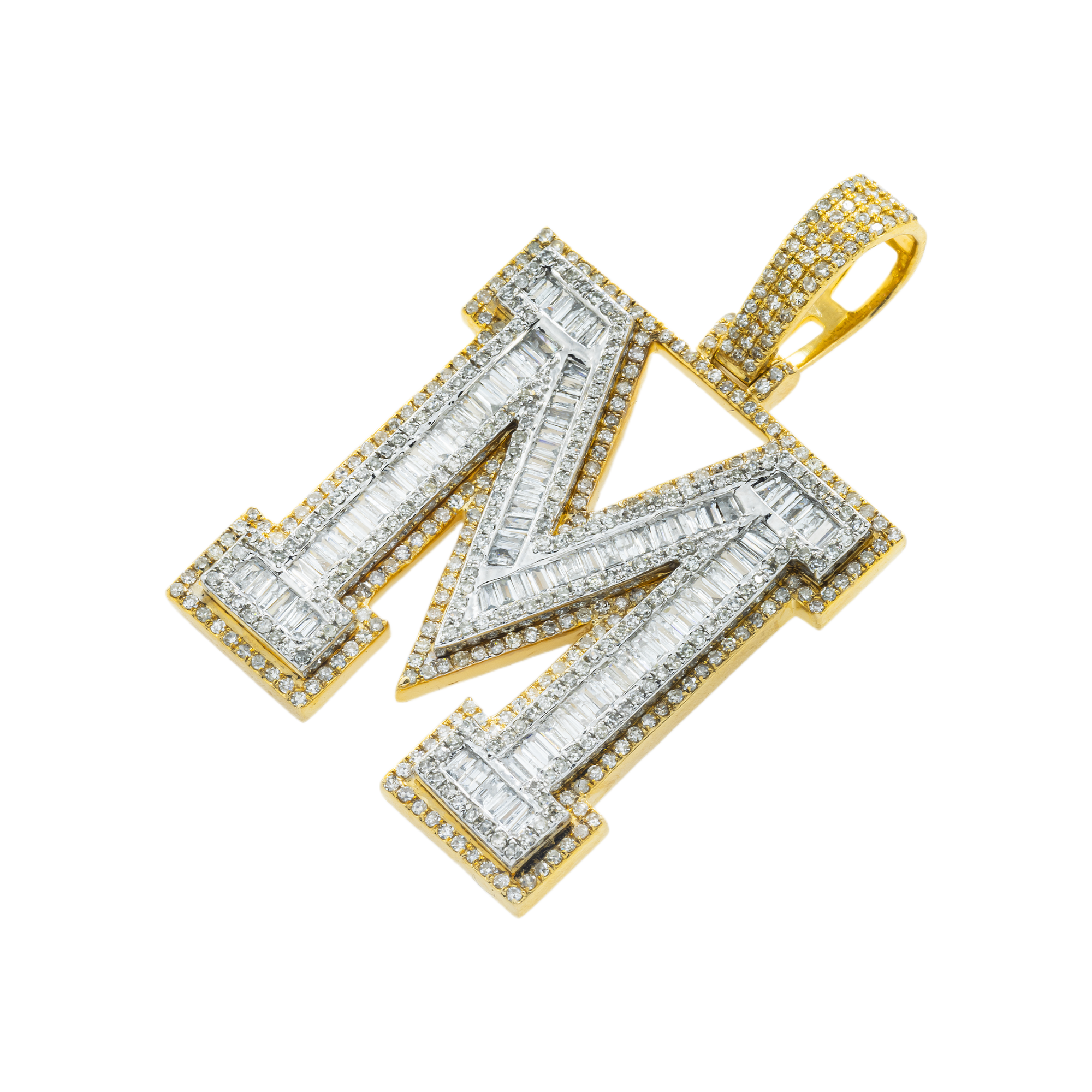 10K GOLD BAGUETTE AND ROUND DIAMOND INITIAL M PENDANT 2.75 CT