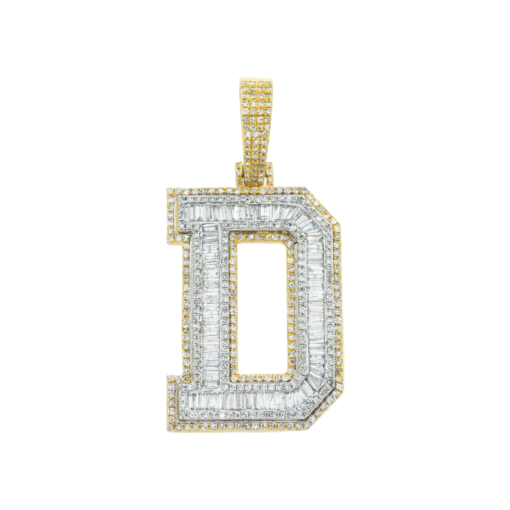 10K GOLD BAGUETTE AND ROUND DIAMOND INITIAL D PENDANT 2.11 CT