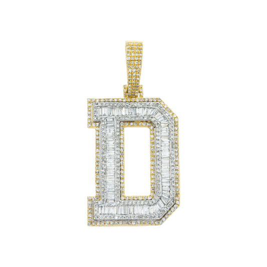 10K GOLD BAGUETTE AND ROUND DIAMOND INITIAL D PENDANT 2.11 CT