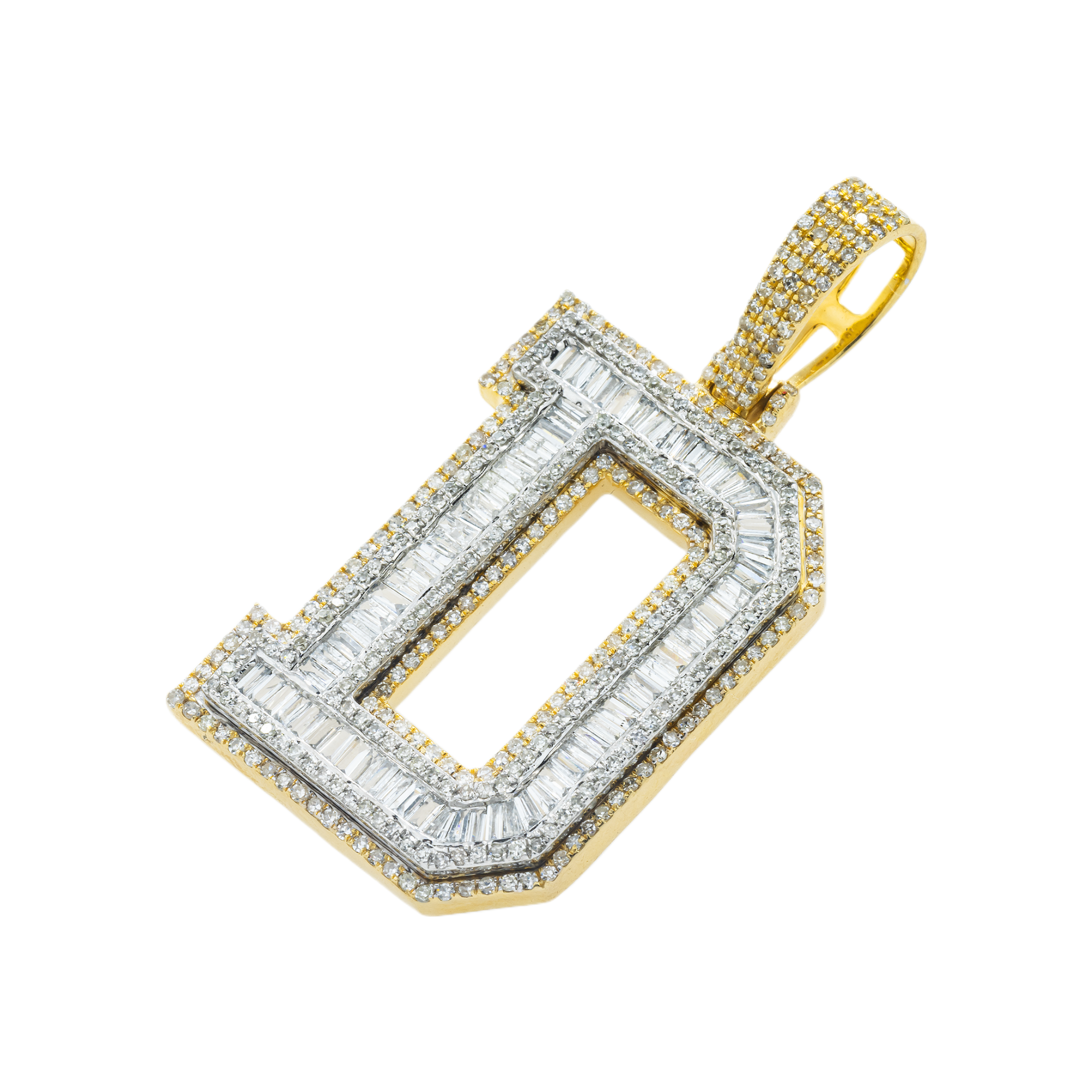 10K GOLD BAGUETTE AND ROUND DIAMOND INITIAL D PENDANT 2.11 CT