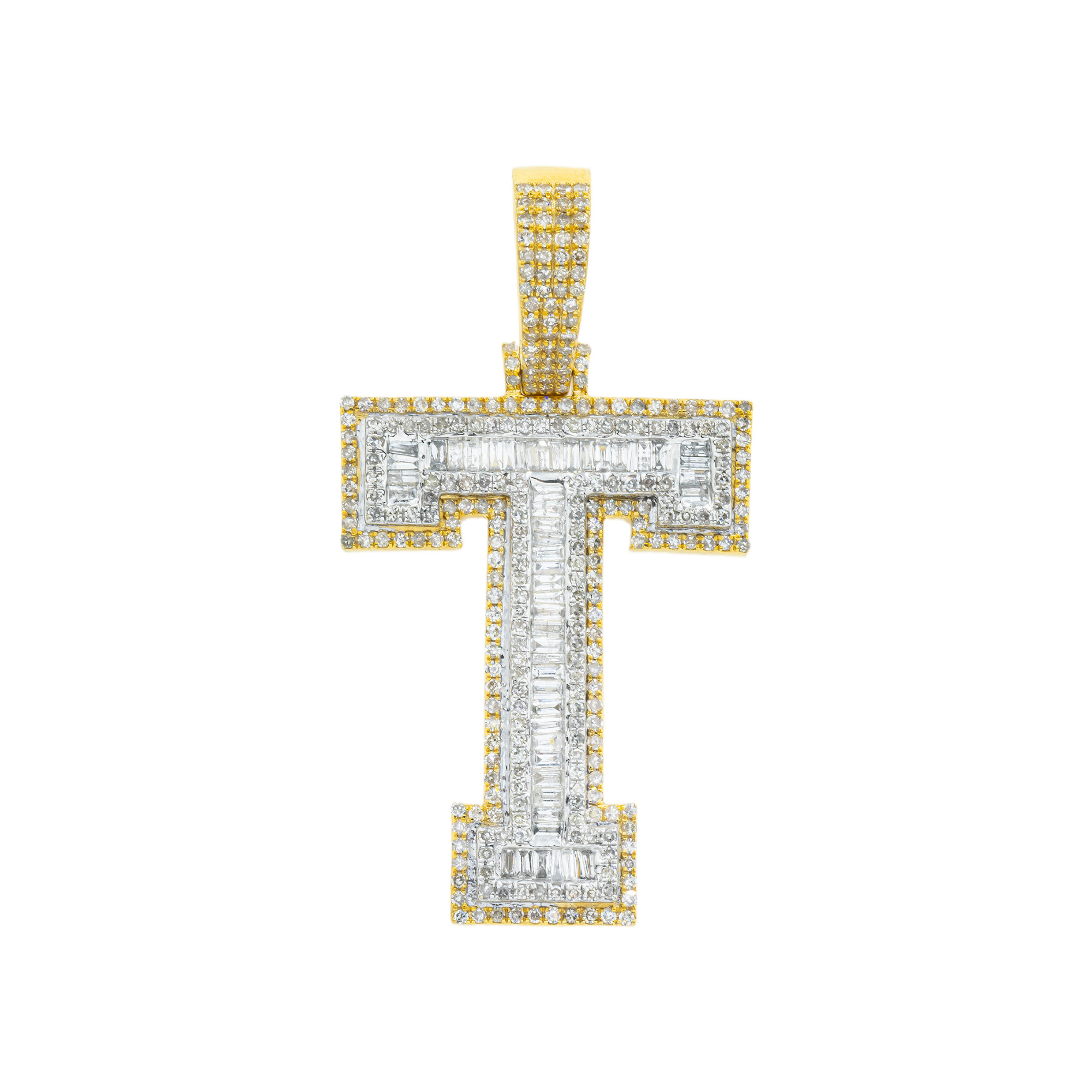 10K GOLD BAGUETTE AND ROUND DIAMOND INITIAL T PENDANT 1.80 CT