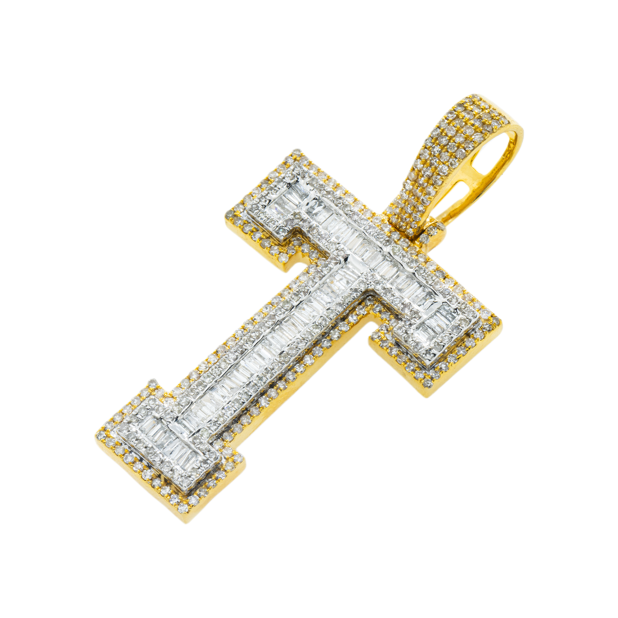 10K GOLD BAGUETTE AND ROUND DIAMOND INITIAL T PENDANT 1.80 CT
