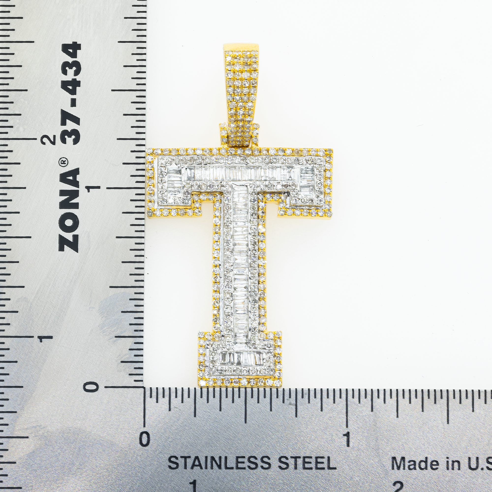 10K GOLD BAGUETTE AND ROUND DIAMOND INITIAL T PENDANT 1.80 CT