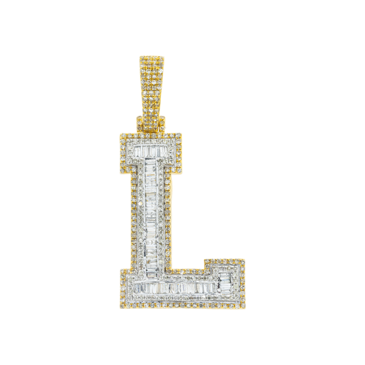 10K GOLD BAGUETTE AND ROUND DIAMOND INITIAL L PENDANT 1.65 CT