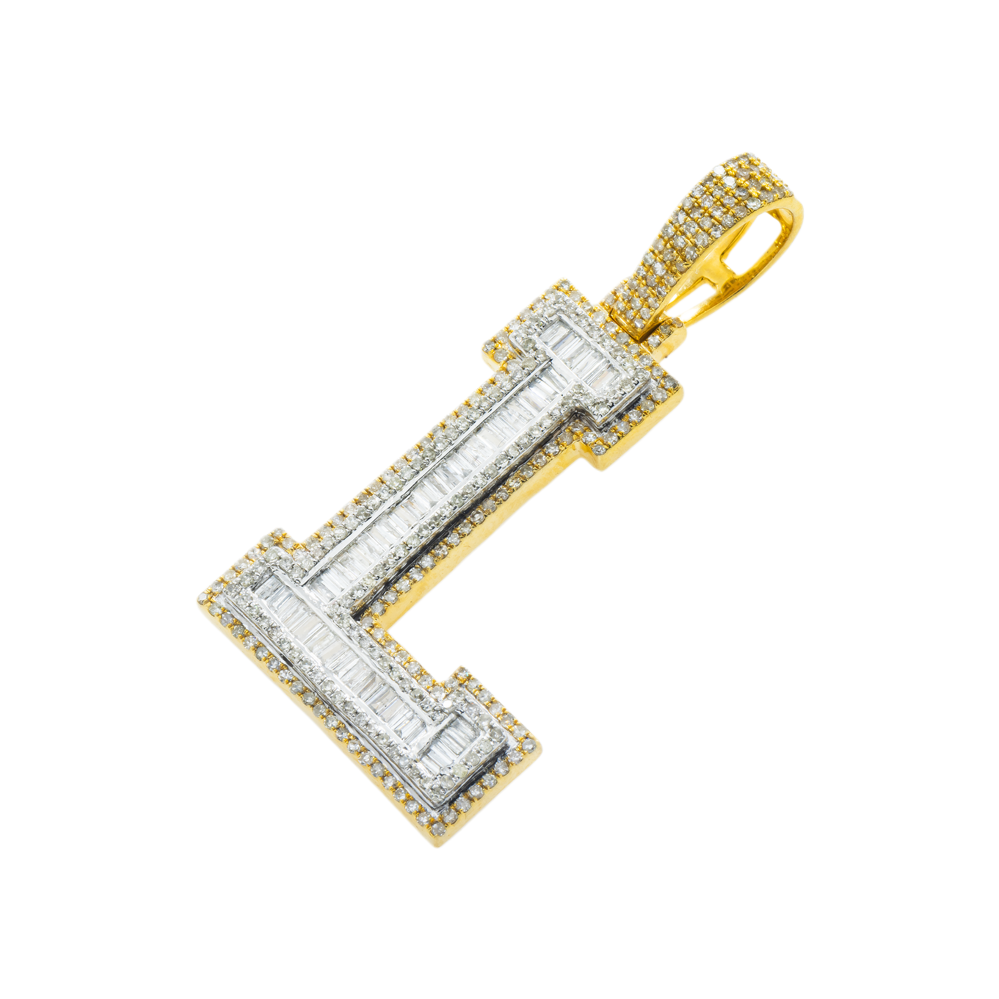 10K GOLD BAGUETTE AND ROUND DIAMOND INITIAL L PENDANT 1.65 CT