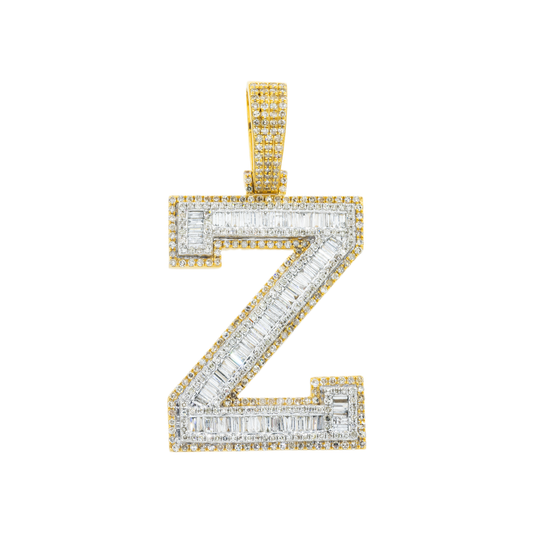 10K GOLD BAGUETTE AND ROUND DIAMOND INITIAL Z PENDANT 2.25 CT