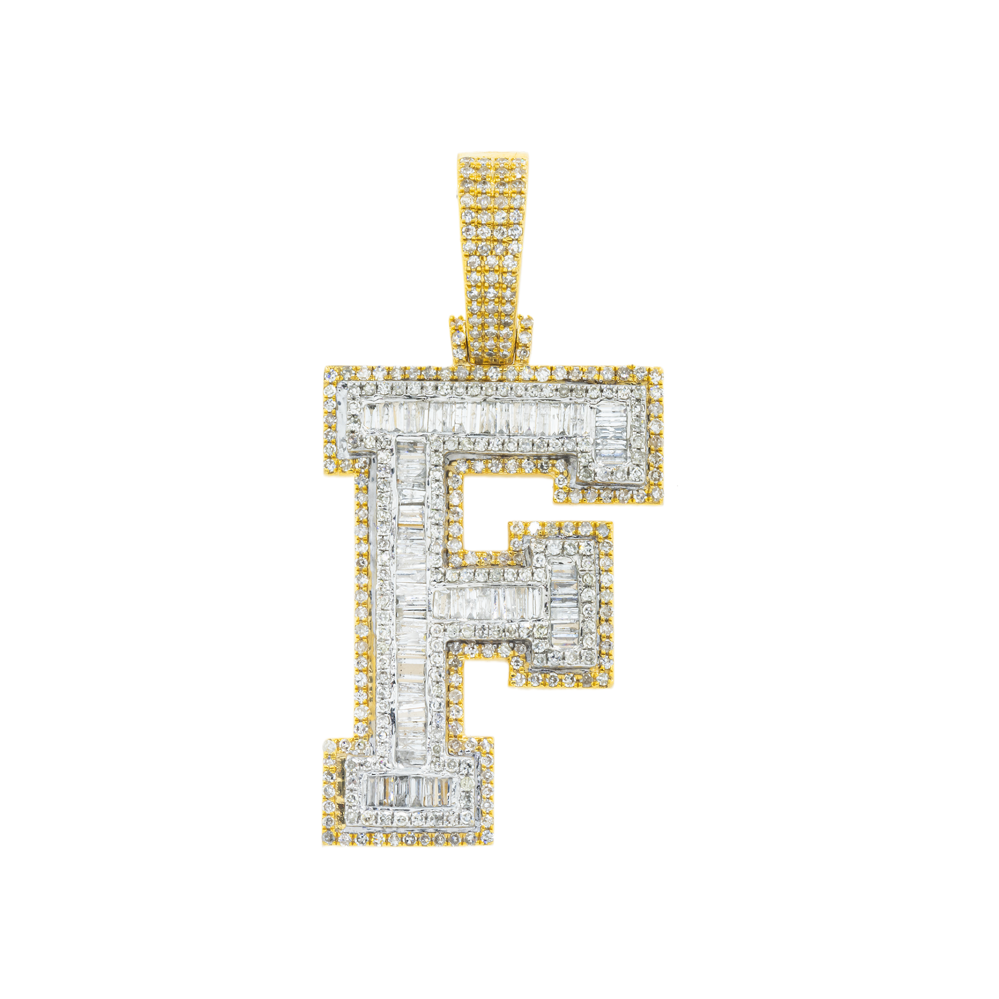 10K GOLD BAGUETTE AND ROUND DIAMOND INITIAL F PENDANT 2.34 CT