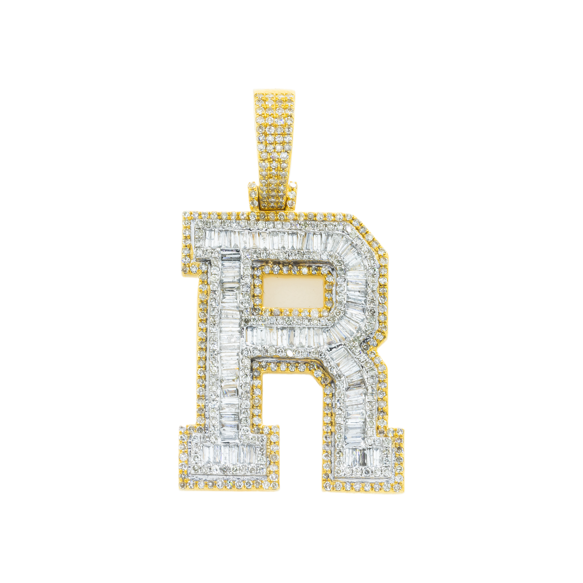 10K GOLD BAGUETTE AND ROUND DIAMOND INITIAL R PENDANT 2.50 CT