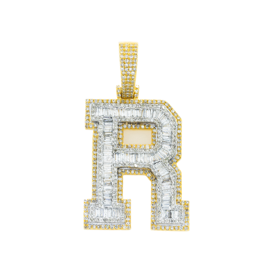 10K GOLD BAGUETTE AND ROUND DIAMOND INITIAL R PENDANT 2.50 CT