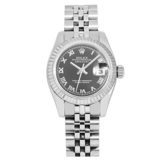 ROLEX DATEJUST 179174 26MM BLACK ROMAN NUMERAL DIAL WITH STAINLESS STEEL JUBILEE BRACELET