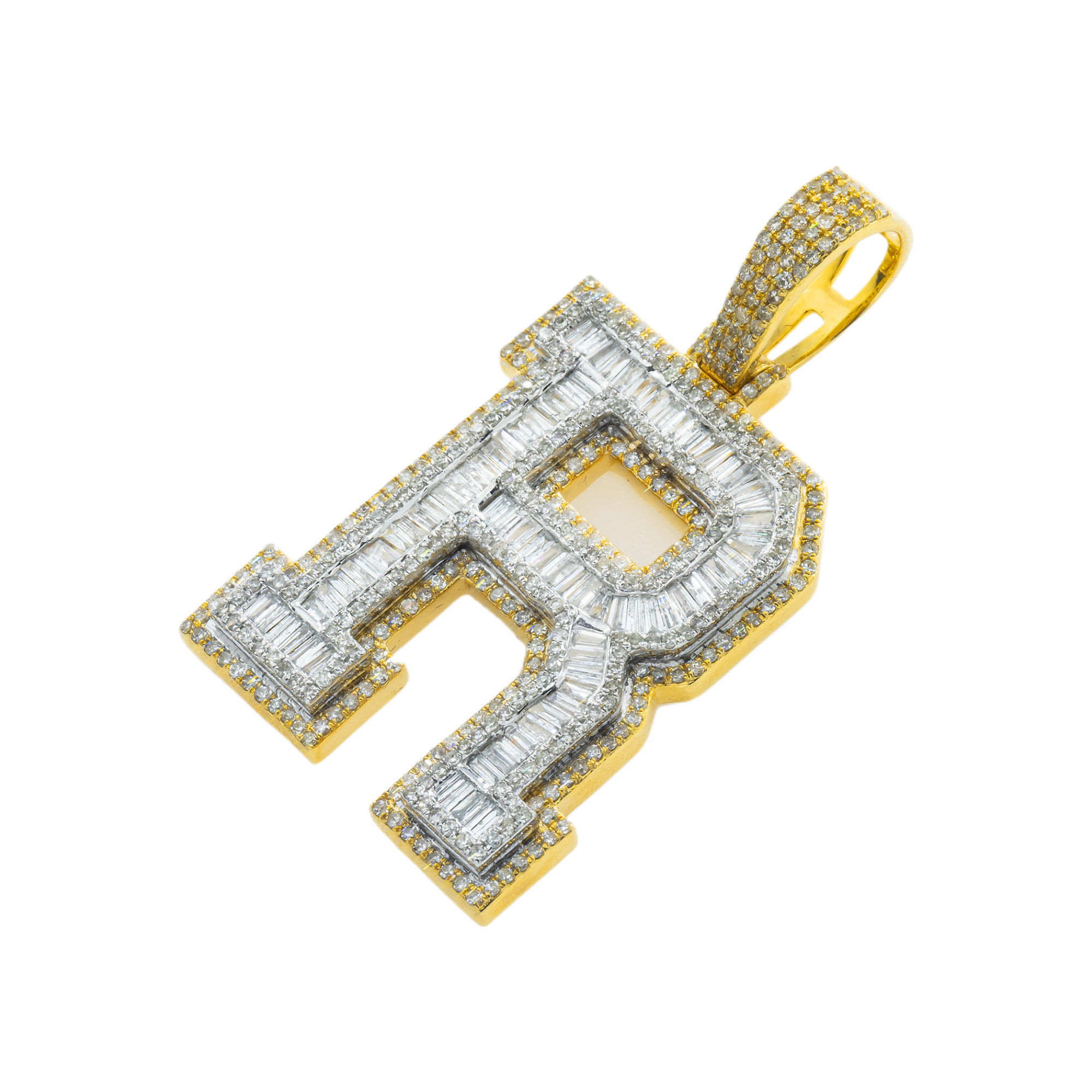 10K GOLD BAGUETTE AND ROUND DIAMOND INITIAL R PENDANT 2.50 CT