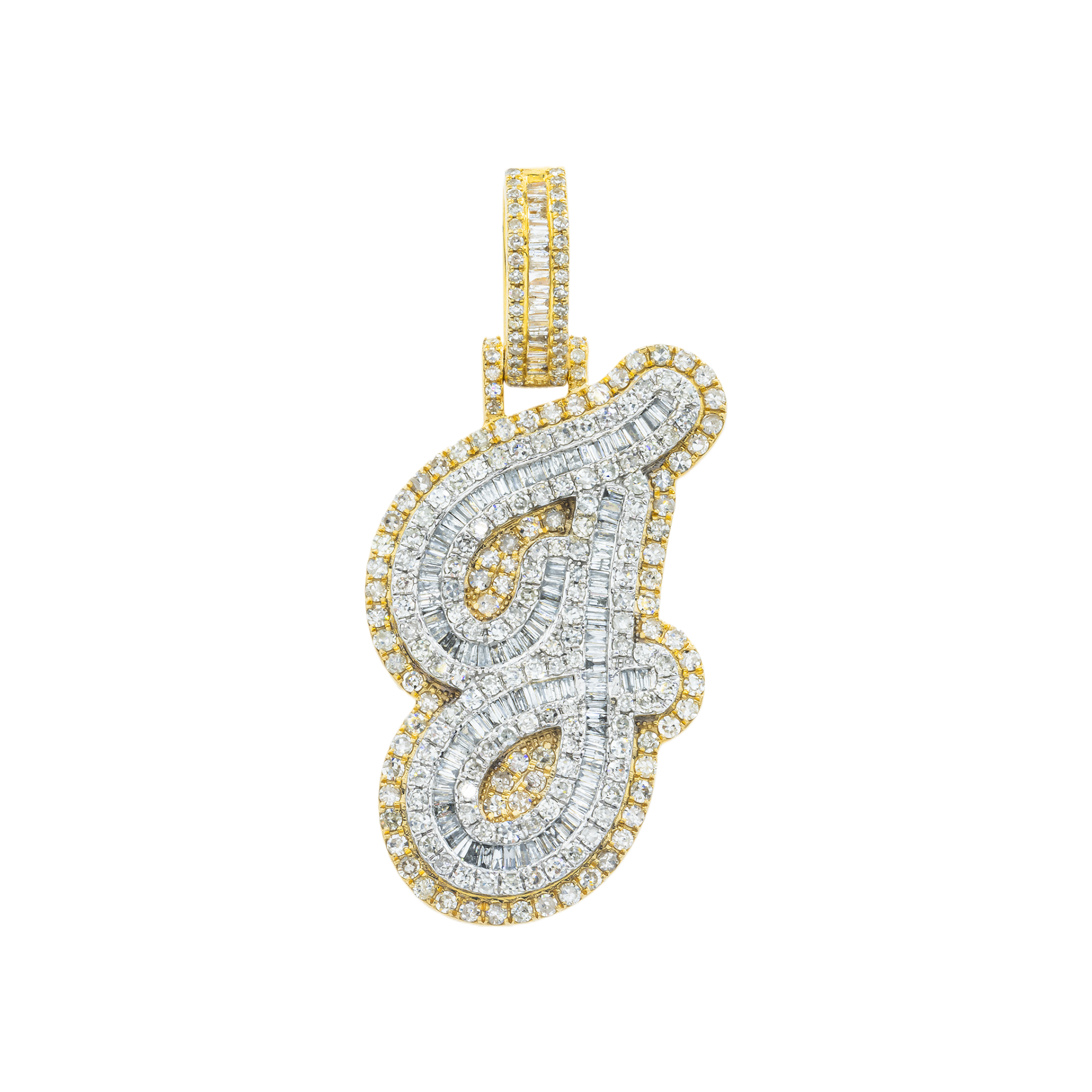10K GOLD BAGUETTE AND ROUND DIAMOND CURSIVE INITIAL F PENDANT 2.47 CT
