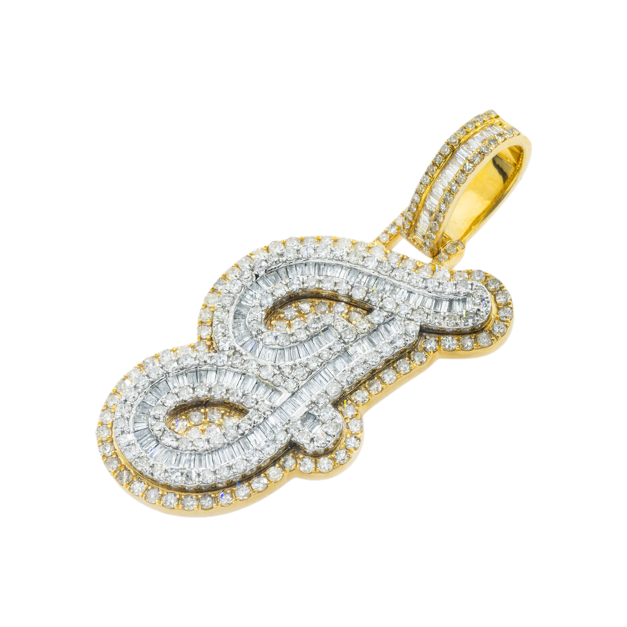 10K GOLD BAGUETTE AND ROUND DIAMOND CURSIVE INITIAL F PENDANT 2.47 CT