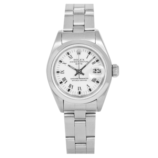 ROLEX OYSTER PERPETUAL LADY DATE 69160 26MM WHITE ROMAN NUMERAL DIAL WITH STAINLESS STEEL OYSTER BRACELET