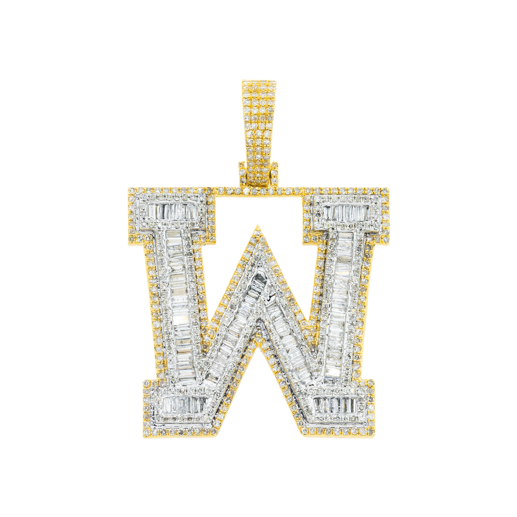 10K GOLD BAGUETTE AND ROUND DIAMOND INITIAL W PENDANT 3.35 CT