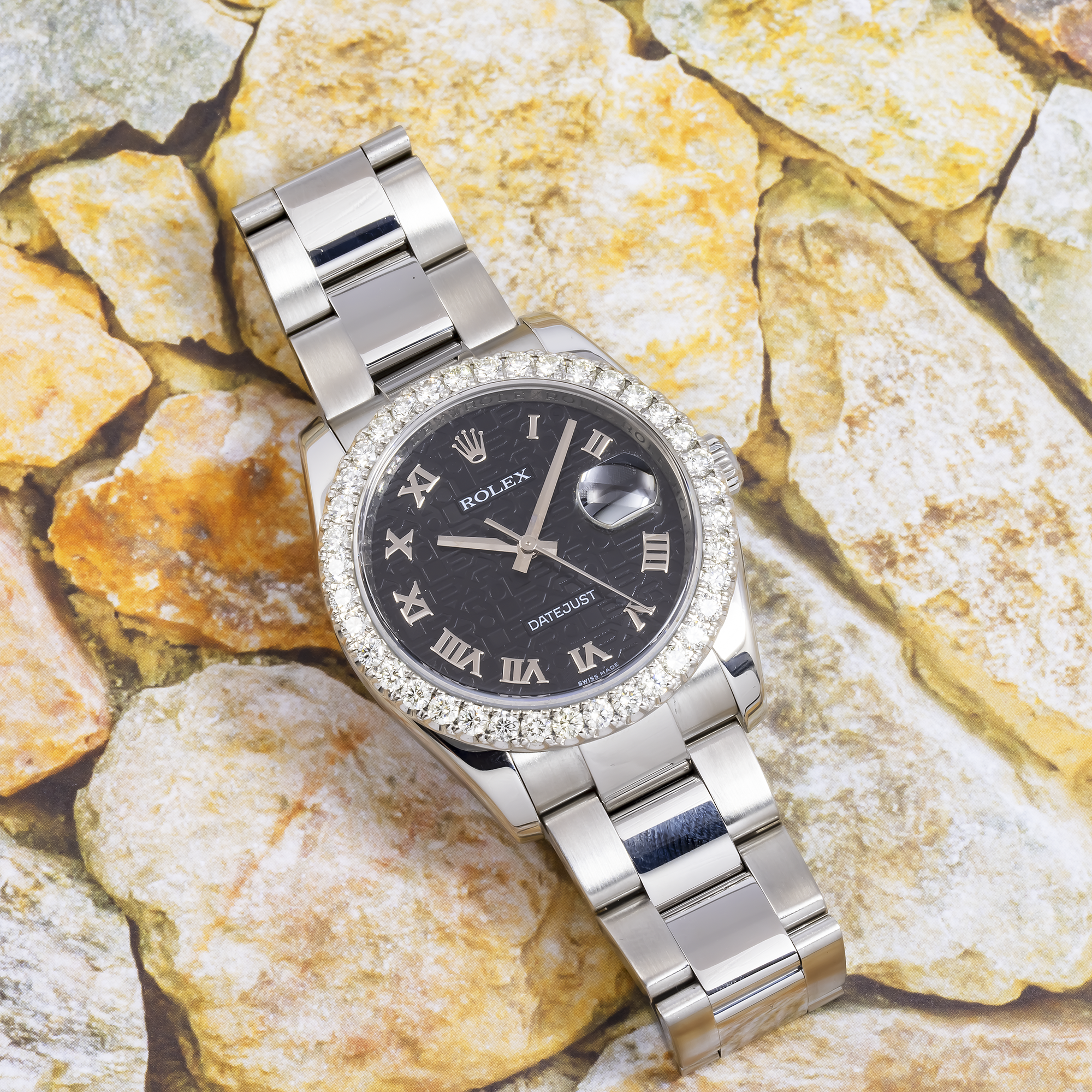 ROLEX DATEJUST 116200 36MM BLACK DIAL AND 3.25 CT DIAMOND BEZEL