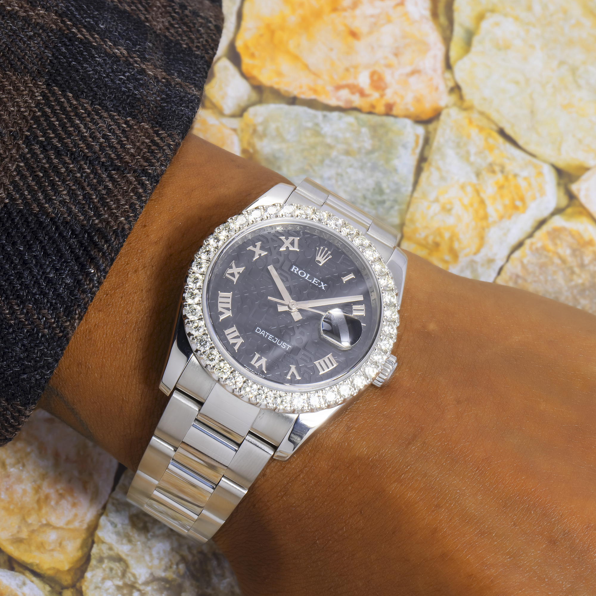 ROLEX DATEJUST 116200 36MM BLACK DIAL AND 3.25 CT DIAMOND BEZEL