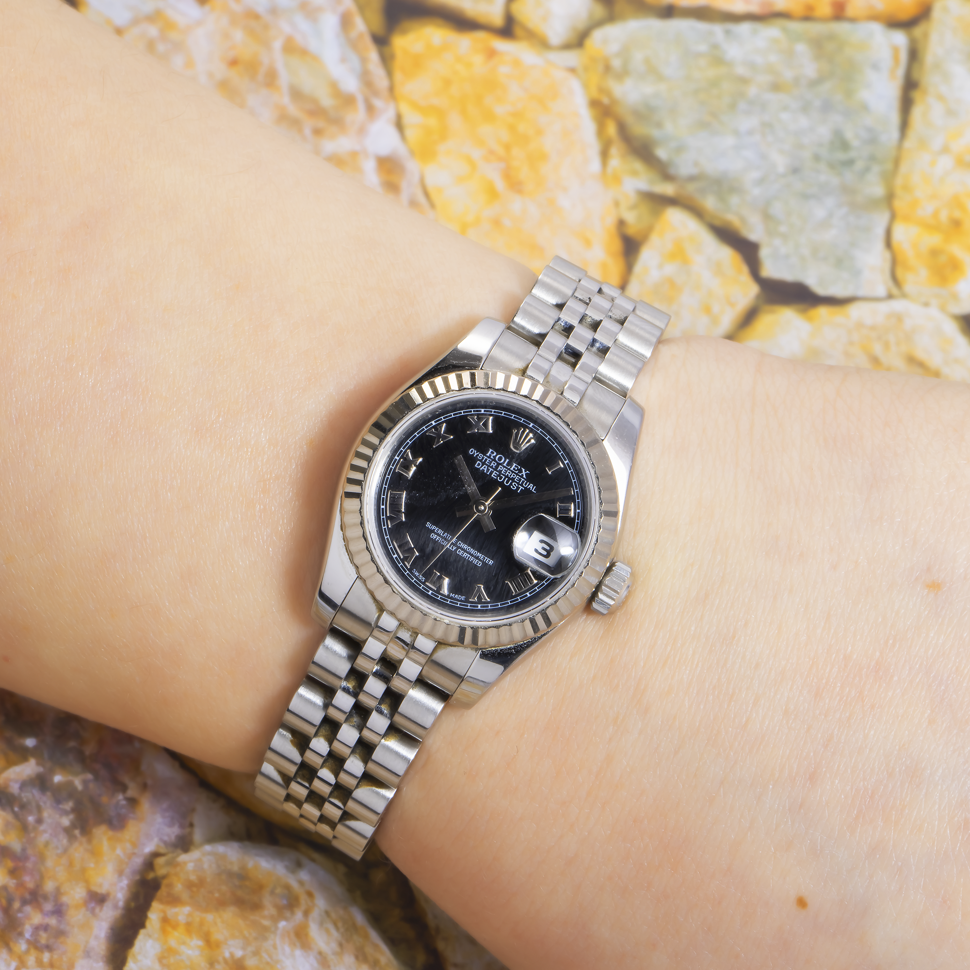 ROLEX DATEJUST 179174 26MM BLACK ROMAN NUMERAL DIAL WITH STAINLESS STEEL JUBILEE BRACELET