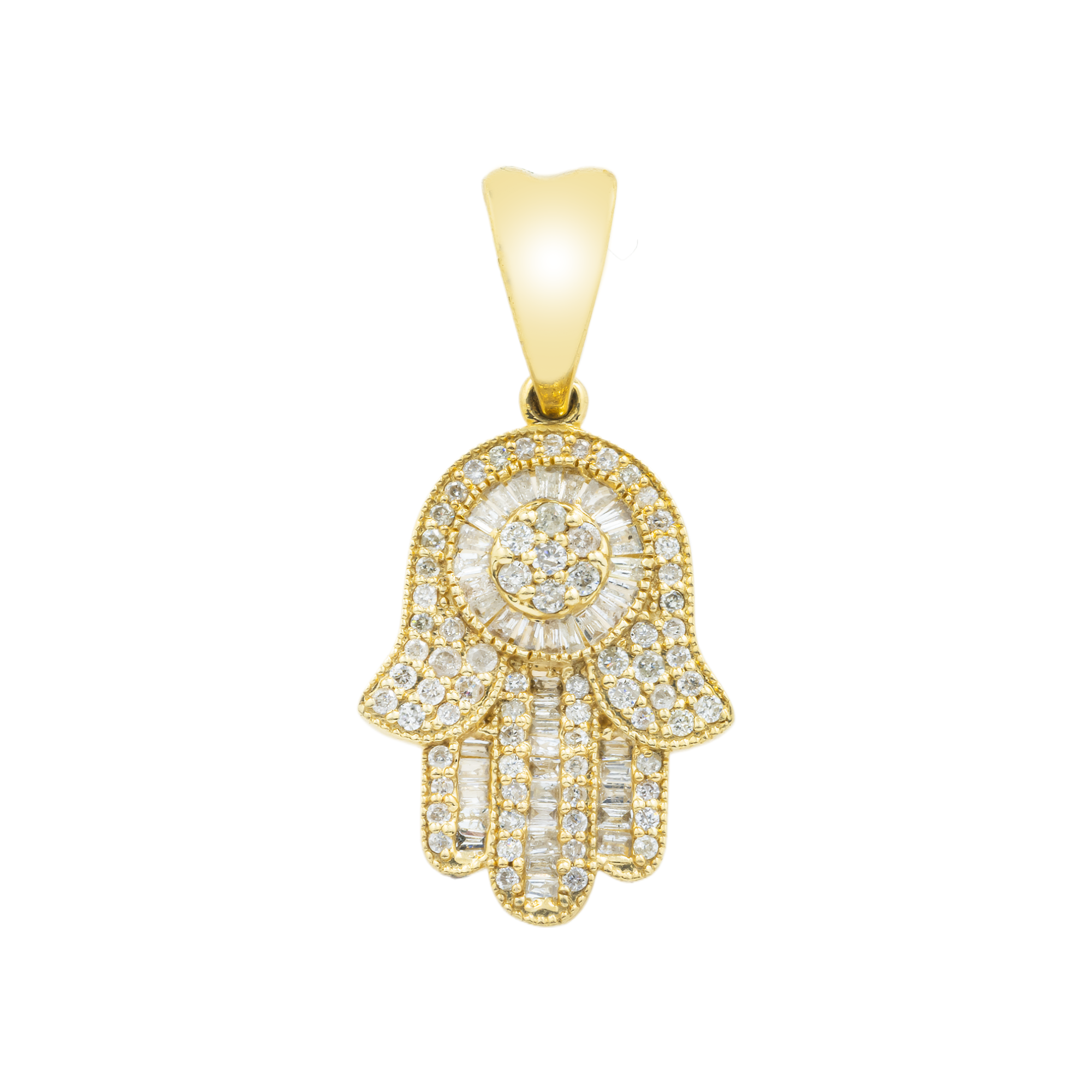14K GOLD BAGUETTE AND ROUND DIAMOND HAMSA PENDANT 0.60 CT