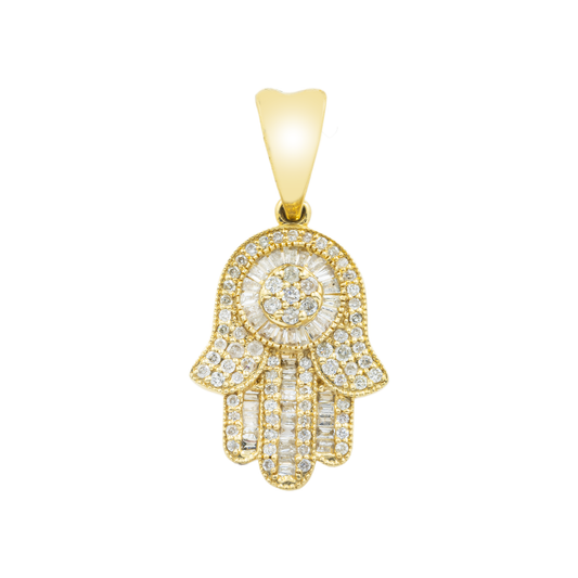 14K GOLD BAGUETTE AND ROUND DIAMOND HAMSA PENDANT 0.60 CT