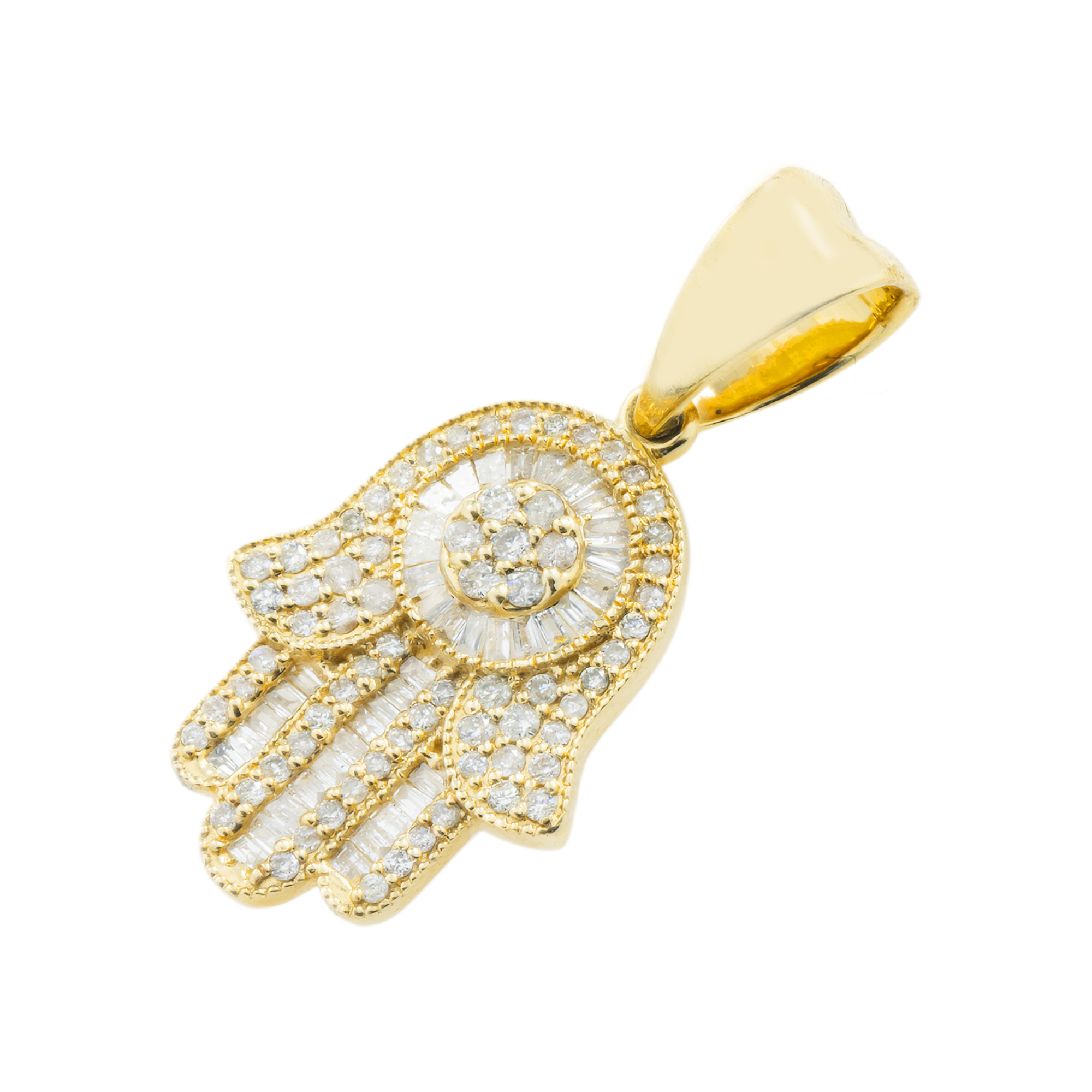 14K GOLD BAGUETTE AND ROUND DIAMOND HAMSA PENDANT 0.60 CT