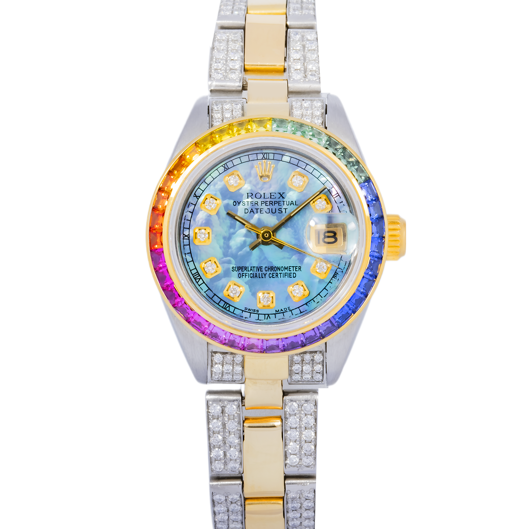 Rolex Datejust 26MM 6917 Blue Mother of Pearl Diamond Dial Rainbow Gemstone Bezel Two Tone Semi Diamond Oyster Bracelet