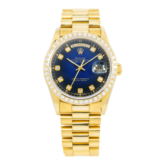 Rolex Day-Date 18238 36MM Blue Diamond Dial With Yellow Gold Diamond Bezel