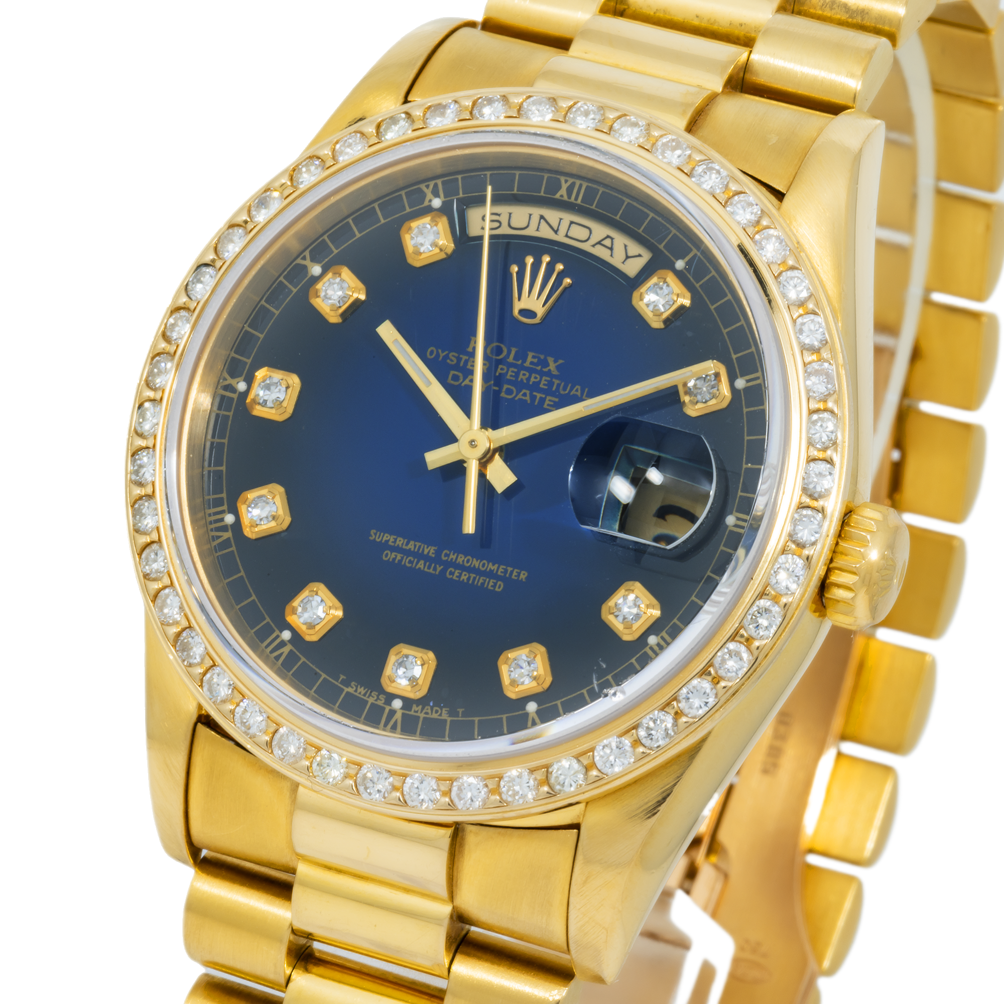 Rolex Day-Date 18238 36MM Blue Diamond Dial With Yellow Gold Diamond Bezel