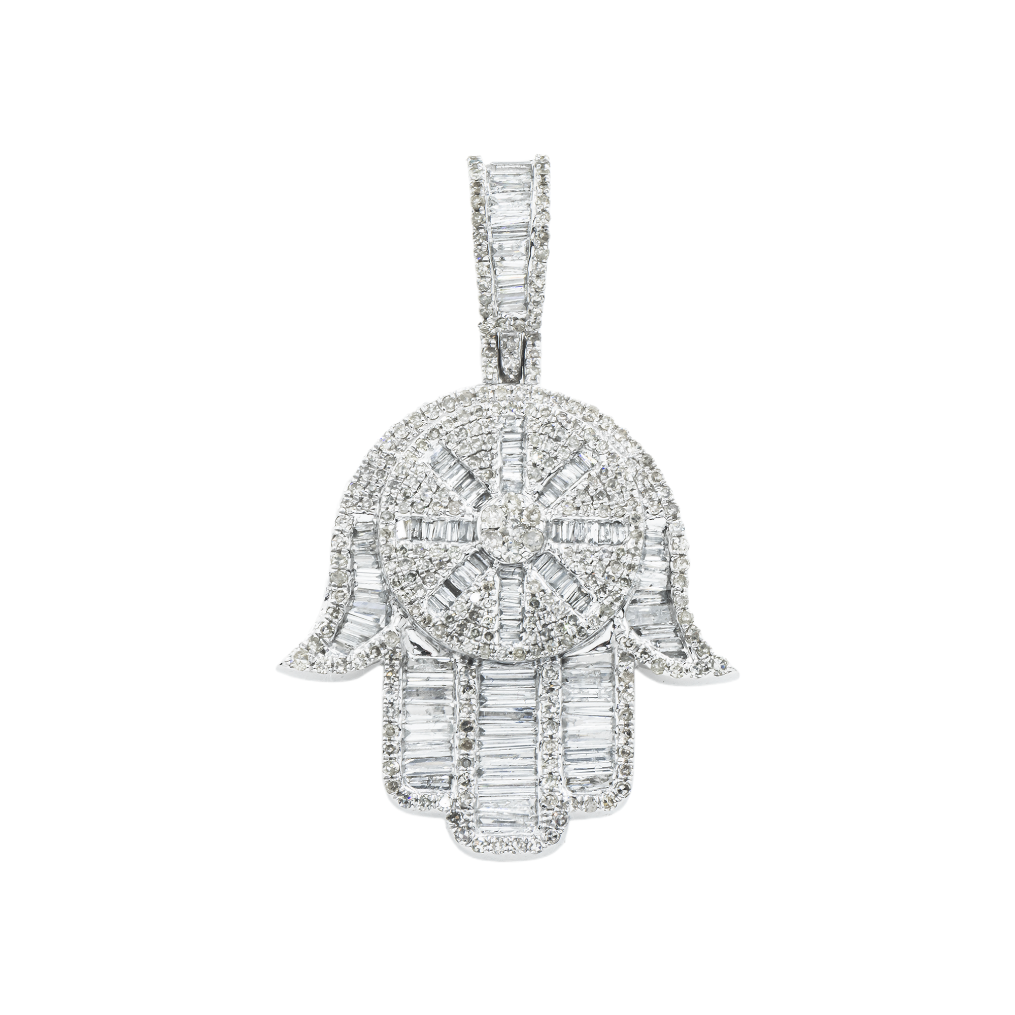 14K GOLD ROUND AND BAGUETTE DIAMOND HAMSA PENDANT 2.05 CT