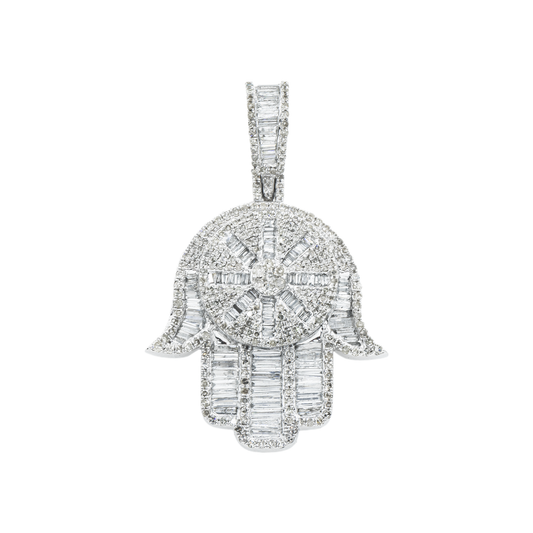 14K GOLD ROUND AND BAGUETTE DIAMOND HAMSA PENDANT 2.05 CT