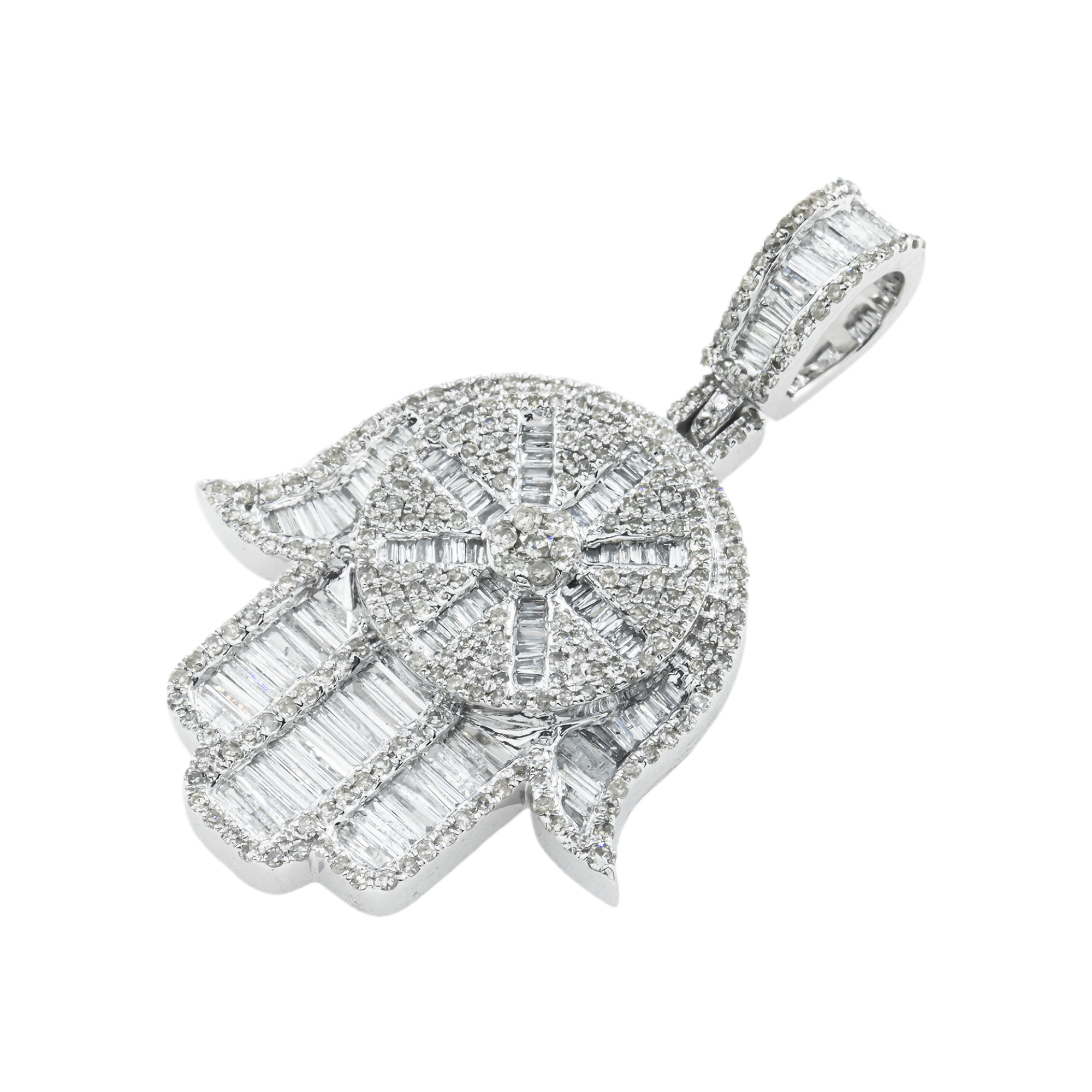 14K GOLD ROUND AND BAGUETTE DIAMOND HAMSA PENDANT 2.05 CT