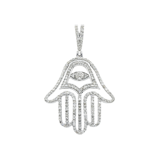 14K GOLD DIAMOND HAMSA WITH EVIL EYE PENDANT 0.65 CT