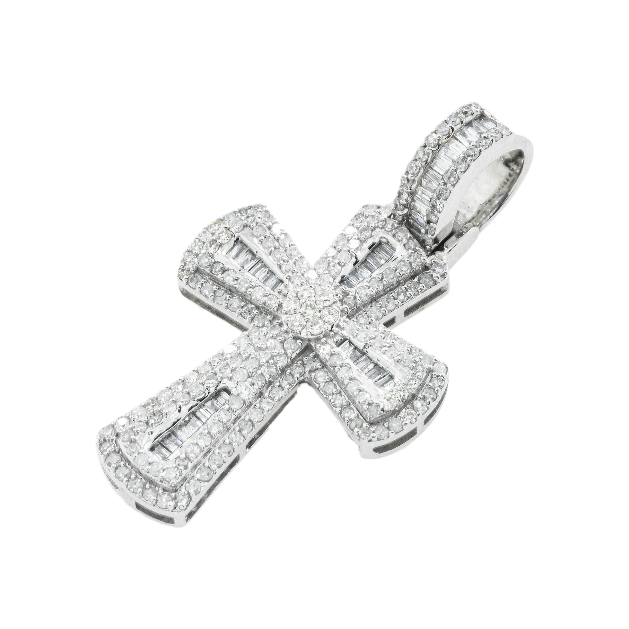 10K GOLD ROUND AND BAGUETTE DIAMOND CROSS PENDANT 1.40 CT