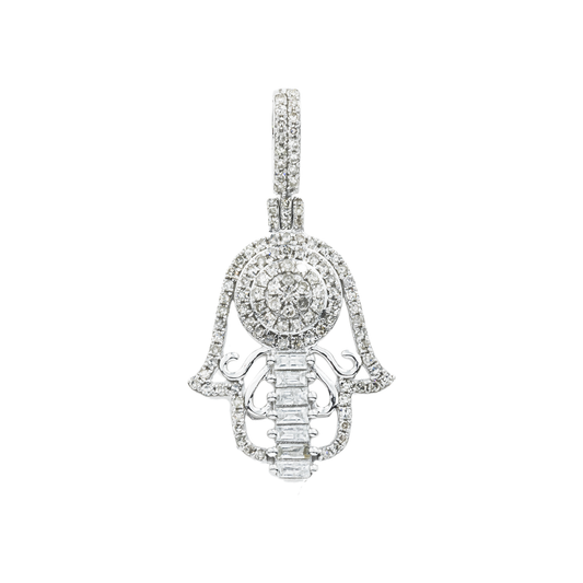 14K GOLD BAGUETTE AND ROUND DIAMOND HAMSA PENDANT 0.81 CT