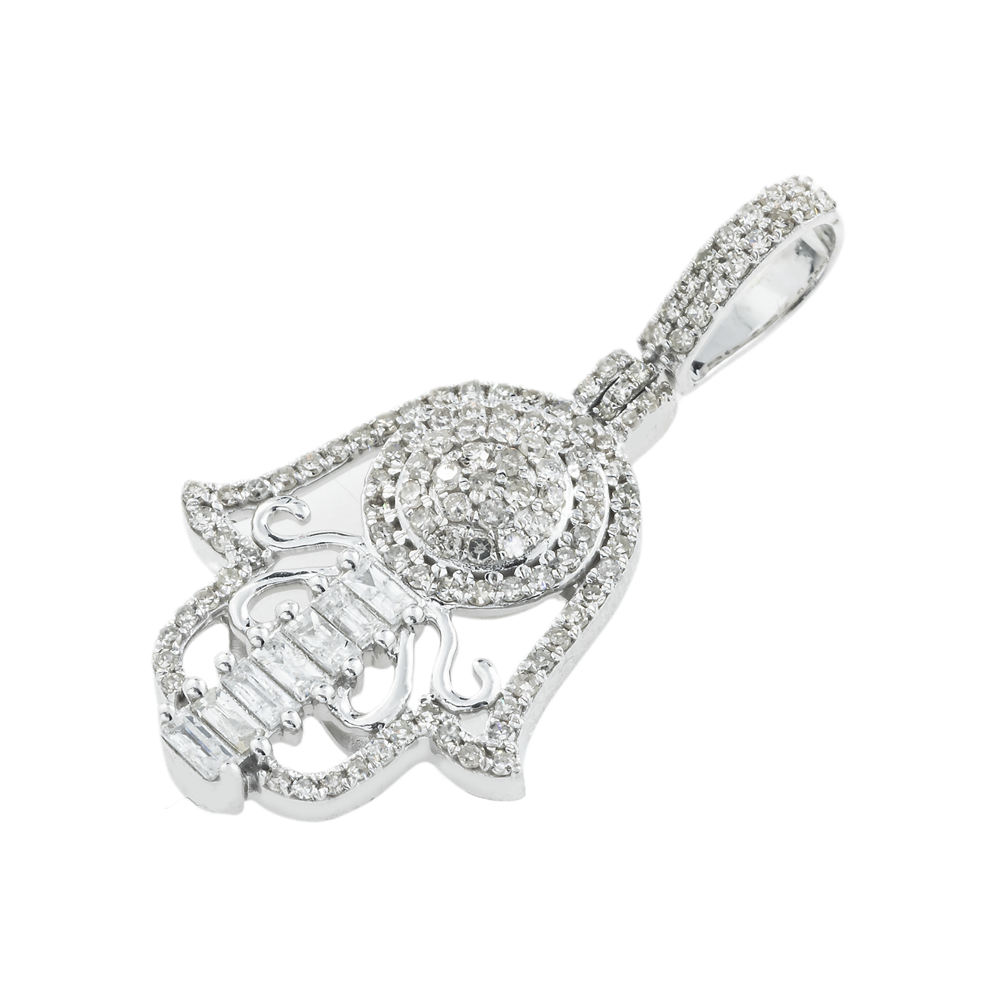 14K GOLD BAGUETTE AND ROUND DIAMOND HAMSA PENDANT 0.81 CT