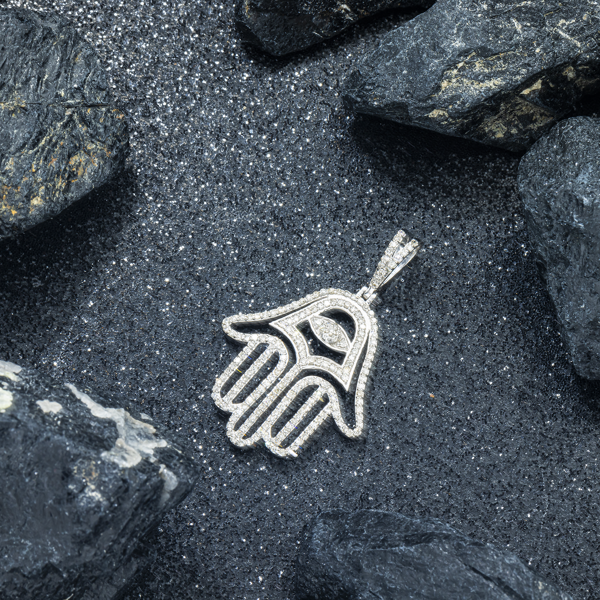 14K GOLD DIAMOND HAMSA WITH EVIL EYE PENDANT 0.65 CT