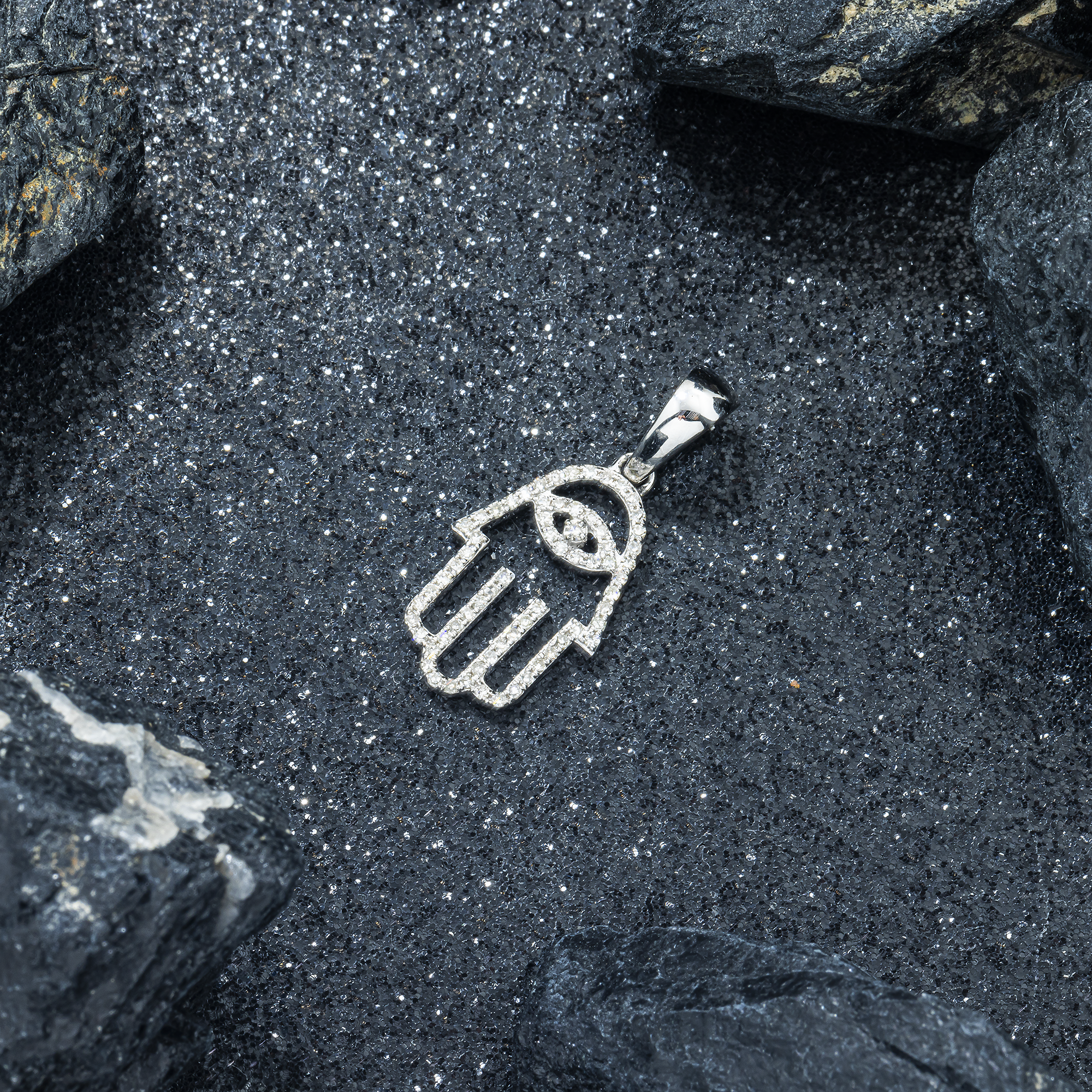 14K GOLD DIAMOND HAMSA WITH EVIL EYE PENDANT 0.25 CT