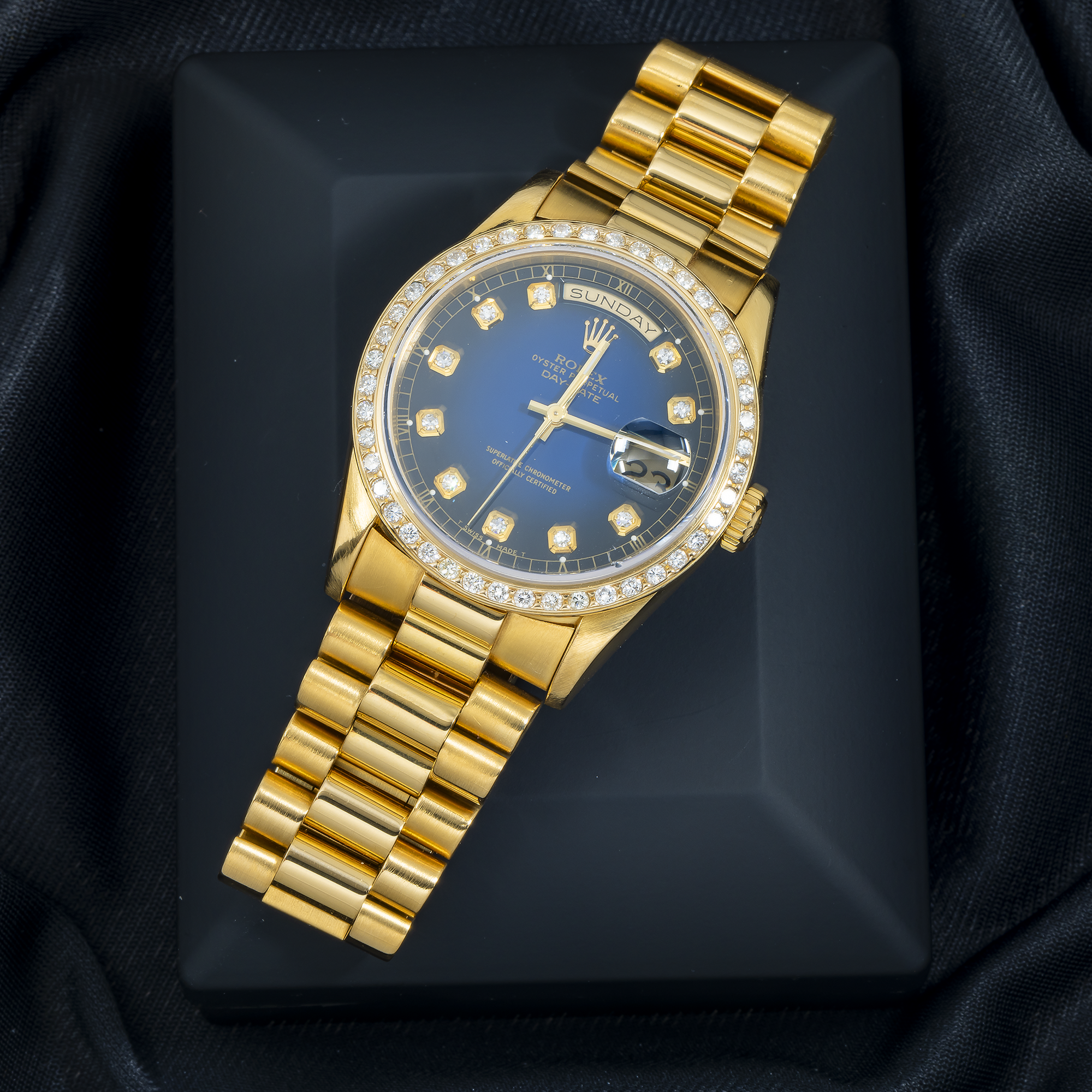 Rolex Day-Date 18238 36MM Blue Diamond Dial With Yellow Gold Diamond Bezel