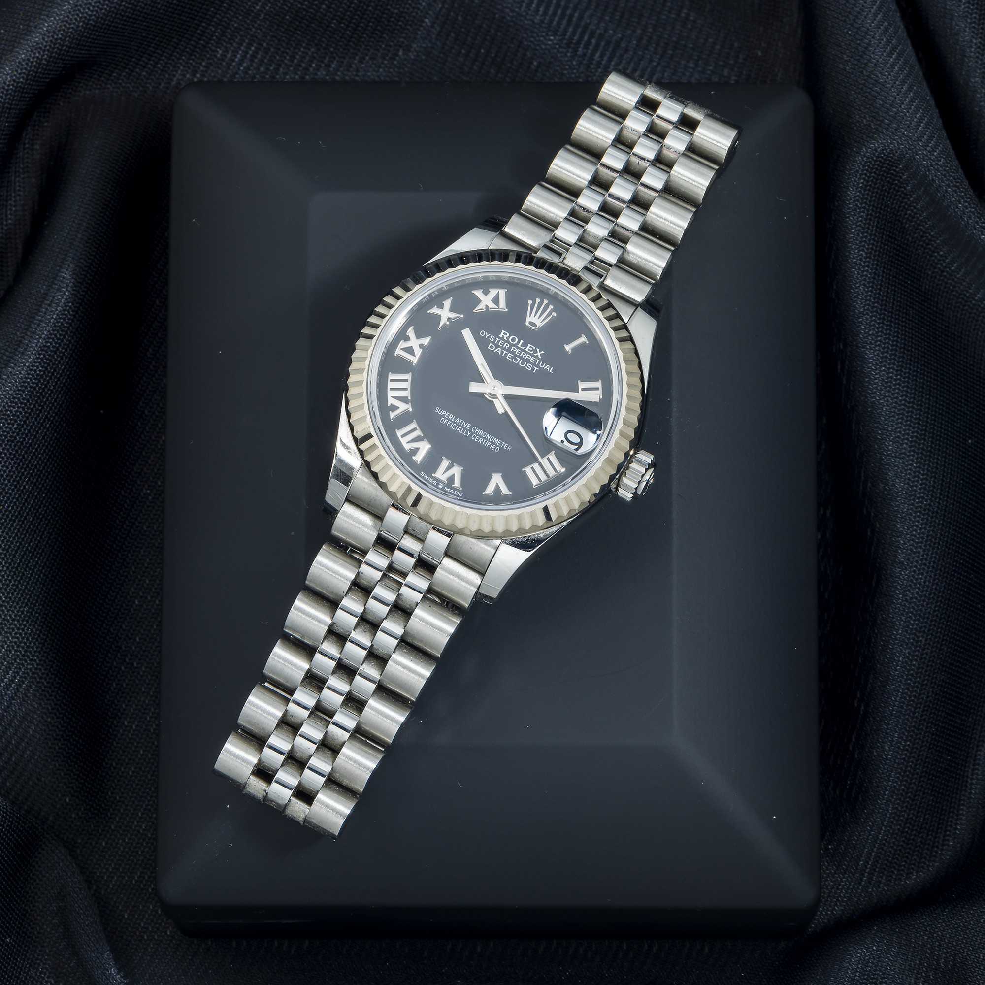 Rolex Datejust 278274 31MM Black Roman Dial With White Gold Fluted Bezel And Jubilee Bracelet